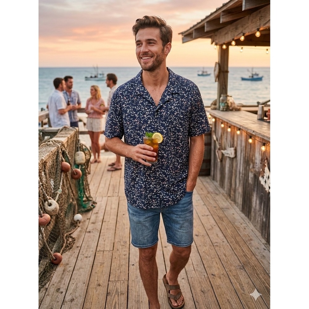 Onia Liberty Fabric Mens XXL Fish Print Short Sleeve Button Down Camp Shirt Navy